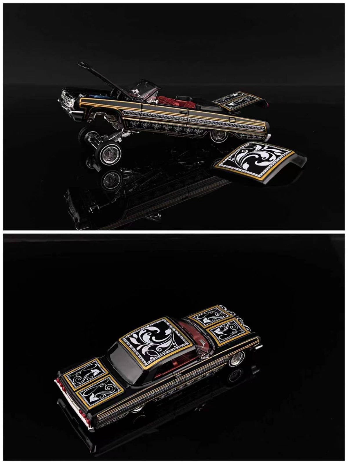 (Coming Soon) FINEWORKS64 1/64 Impala Lowrider Black Gold Bouncing Car - Black Gold