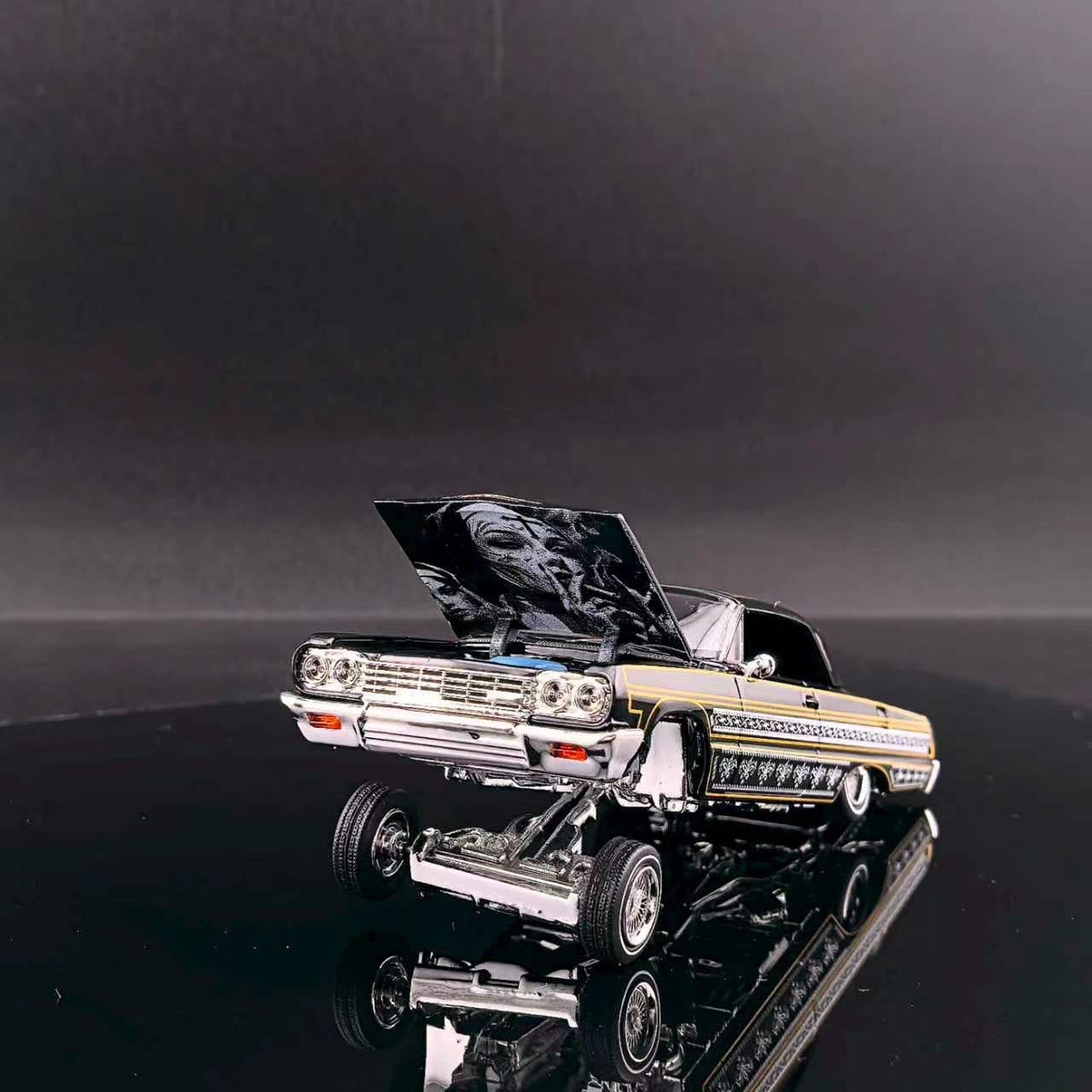 (Coming Soon) FINEWORKS64 1/64 Impala Lowrider Black Gold Bouncing Car - Black Gold