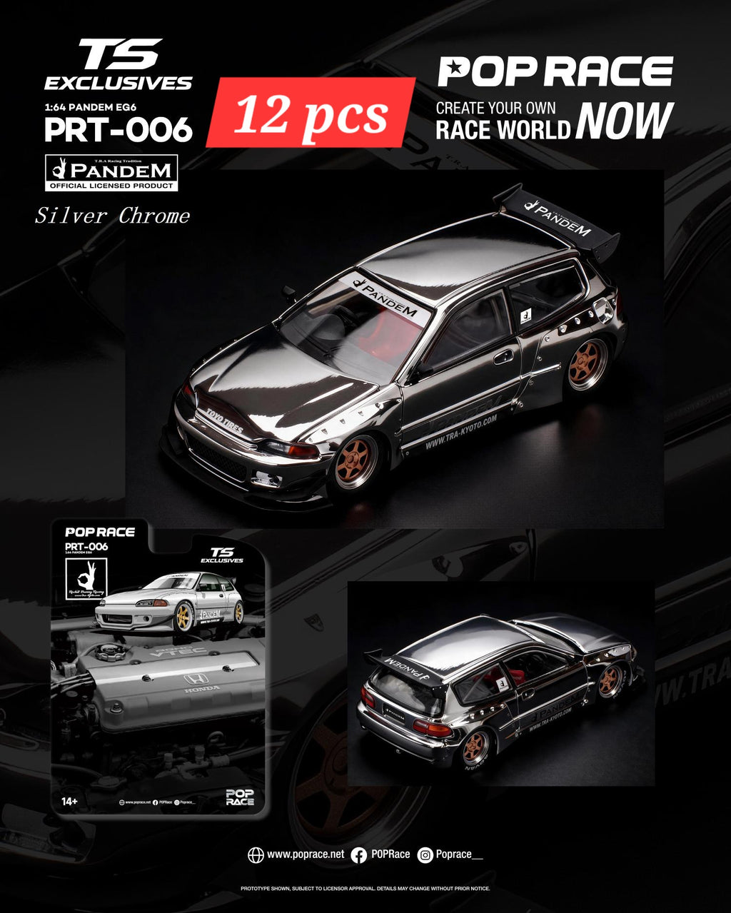 (Pre-Order) 12 Pcs (11 Regular & 1 Chase) POPRACE x TS Exclusives 1/64 PANDEM EG6 SILVER CHROME **DEADLINE July 10th 2026**