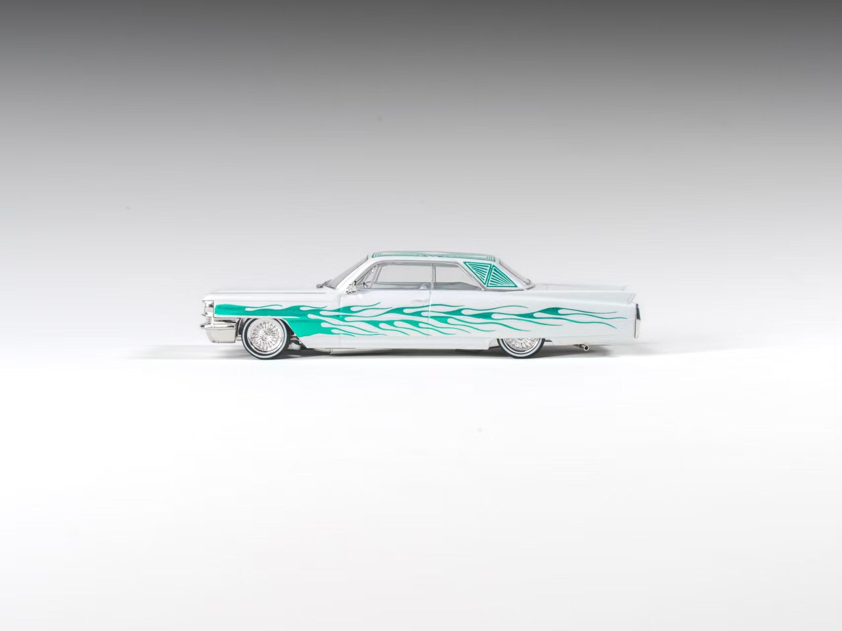 (Coming Soon) 97M 1:64 1964 Cadillac Coupe Deville Low Rider Pearl White with Flame Pattern