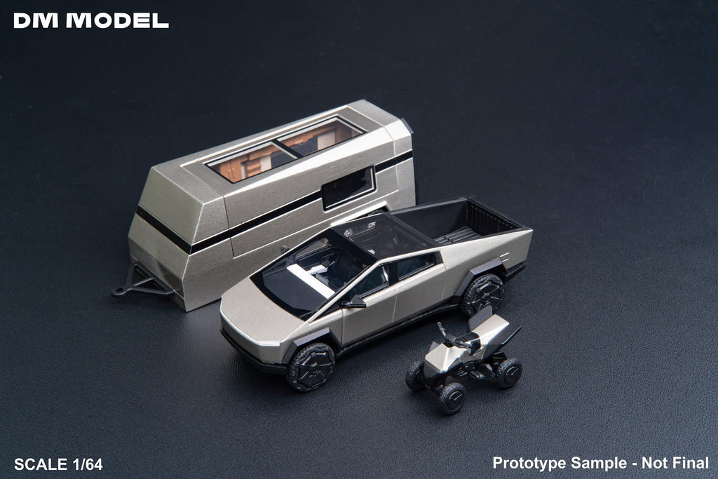 (Coming Soon) DM Model Tesla Cybertruck + Camper + Cyberquad (Metal Silver) Diecast Car Model Set