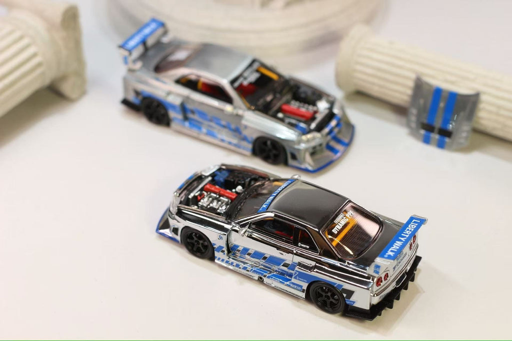 (Coming Soon) NITROBLAZE 1/64 SKYLINE ER34 LB-SUPER SILHOUETTE Widebody Diecast - Chrome Edition