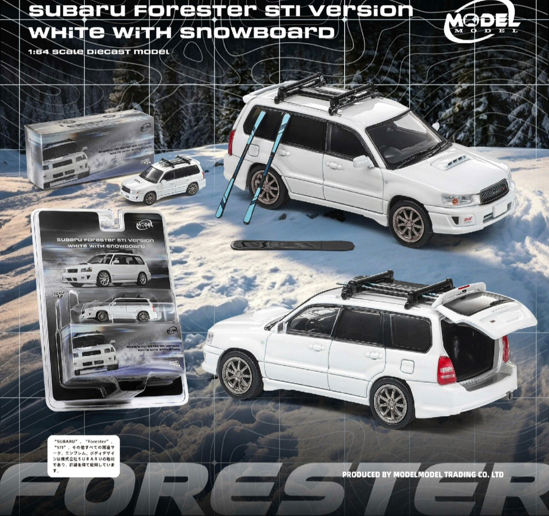 (Coming Soon) MODELMODEL 1/64 Subaru Forester STI Version White with Snowboard / Ski (Blister Pack)