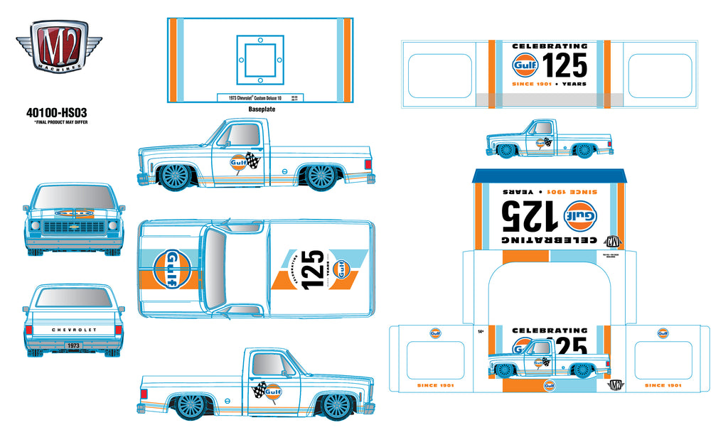 (Pre-Order) M2MACHINES 1:24 Scale 1973 Chevrolet Custom Deluxe 10 "Gulf"- (5pc reg + 1pc Chase) sealed case **DEADLINE September 13, 2026**