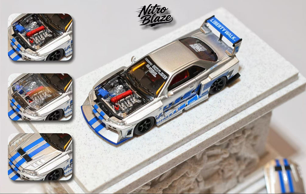 (Coming Soon) NITROBLAZE 1/64 SKYLINE ER34, LB-SUPER SILHOUETTE widebody Diecast model - Silver