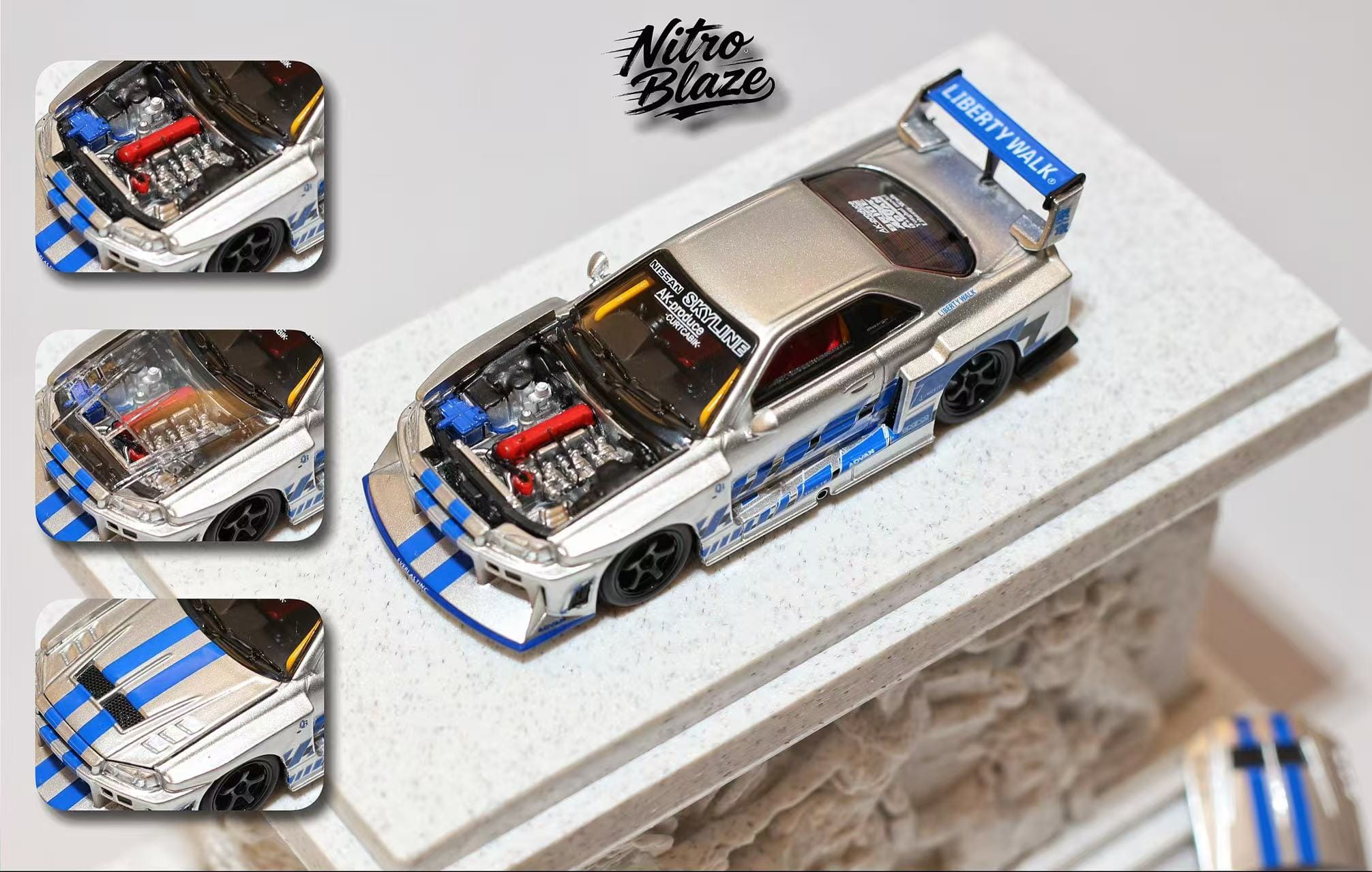 (Coming Soon) NITROBLAZE 1/64 SKYLINE ER34, LB-SUPER SILHOUETTE widebody Diecast model - Silver