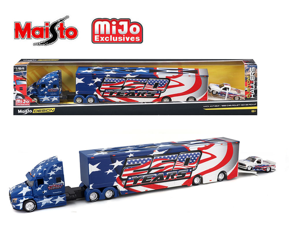 (Coming Soon) Maisto 1:64 Mijo Exclusives Mack Anthem & 1993 Chevrolet 454 SS Pick-Up Truck – America 250th Year – Design Transporters