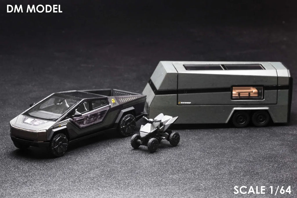 (Coming Soon) DM MODEL 1/64 Tesla Cybertruck "Radiation" + Camper + Cyberquad (Metal Silver) Diecast Car Model Set