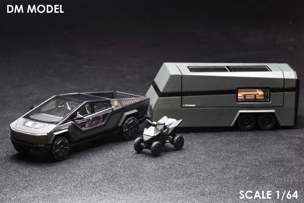(Coming Soon) DM MODEL 1/64 Tesla Cybertruck "Radiation" + Camper + Cyberquad (Metal Silver) Diecast Car Model Set