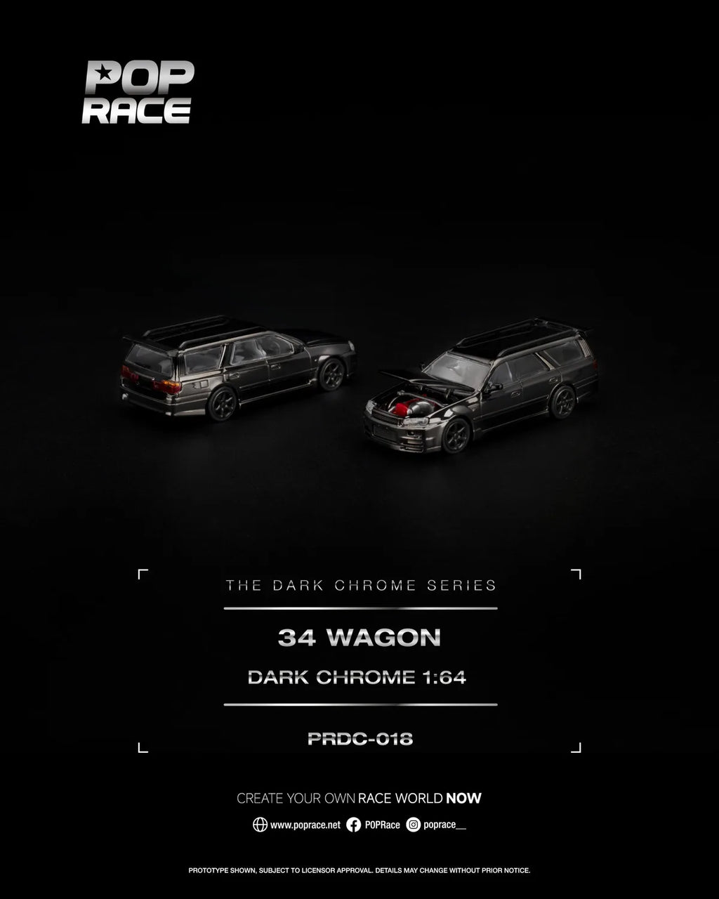 (Coming Soon) POP RACE 1:64 R34 WAGON DARK CHROME - PRDC-018