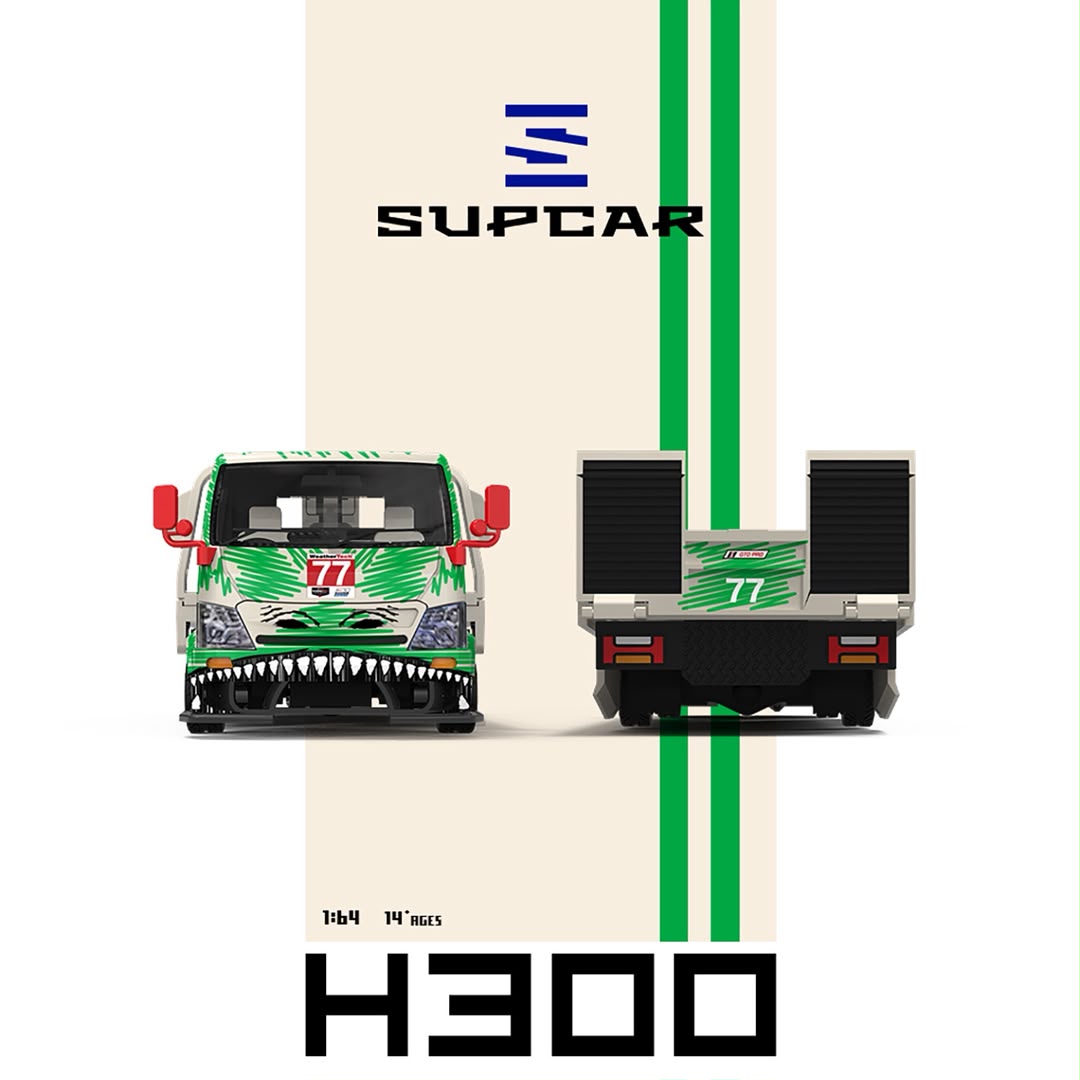 (Coming Soon) SUPCAR 1:64 H300 Flatbed Transport Trailer - #77 White/Green Dinosaur Livery