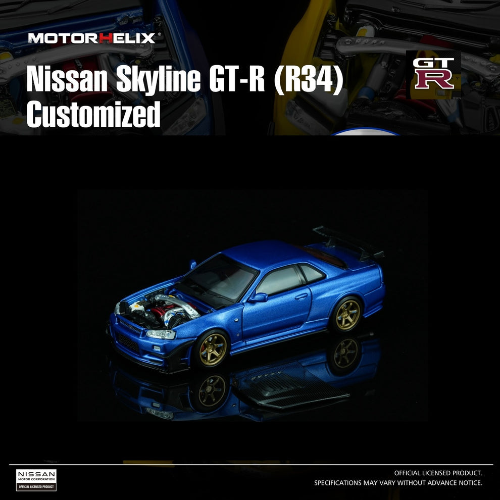 (Coming Soon) Motorhelix 1/64 Nissan Skyline GT-R (R34) Custom Edition - Wangan Blue Custom with GT Aero Kit