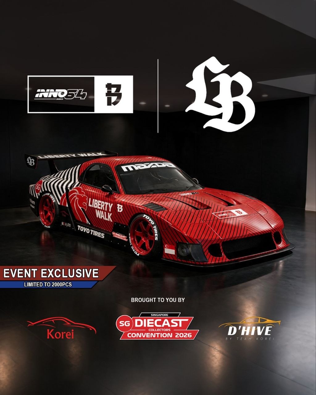 (Coming Soon) INNO64 x SDCC 2026 x Black Crow Customs 1:64 Mazda LB-Super Silhouette RX7 (FD3S) Red with Acrylic Case Option | Chance of Chase | 2026 Singapore Diecast Collectors Convention **LIMITED QUANTITIES**
