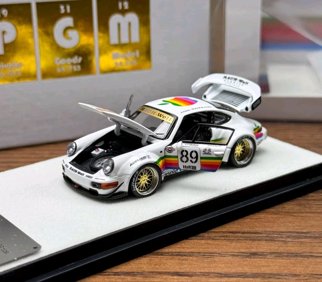 (Coming Soon) PGM 1:64 Porsche RWB 964 White Apple Livery - Rectangular Base