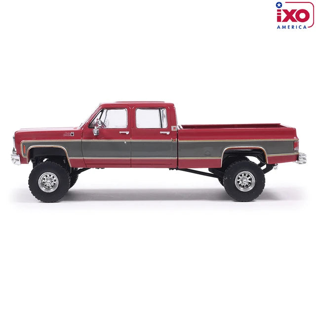 (Coming Soon) IXOAMERICA 1:64 1977 GMC Sierra Grande K2500 Crew Cab Wideside - Dark Red Metallic and Silver Special Two-Tone - Lifted