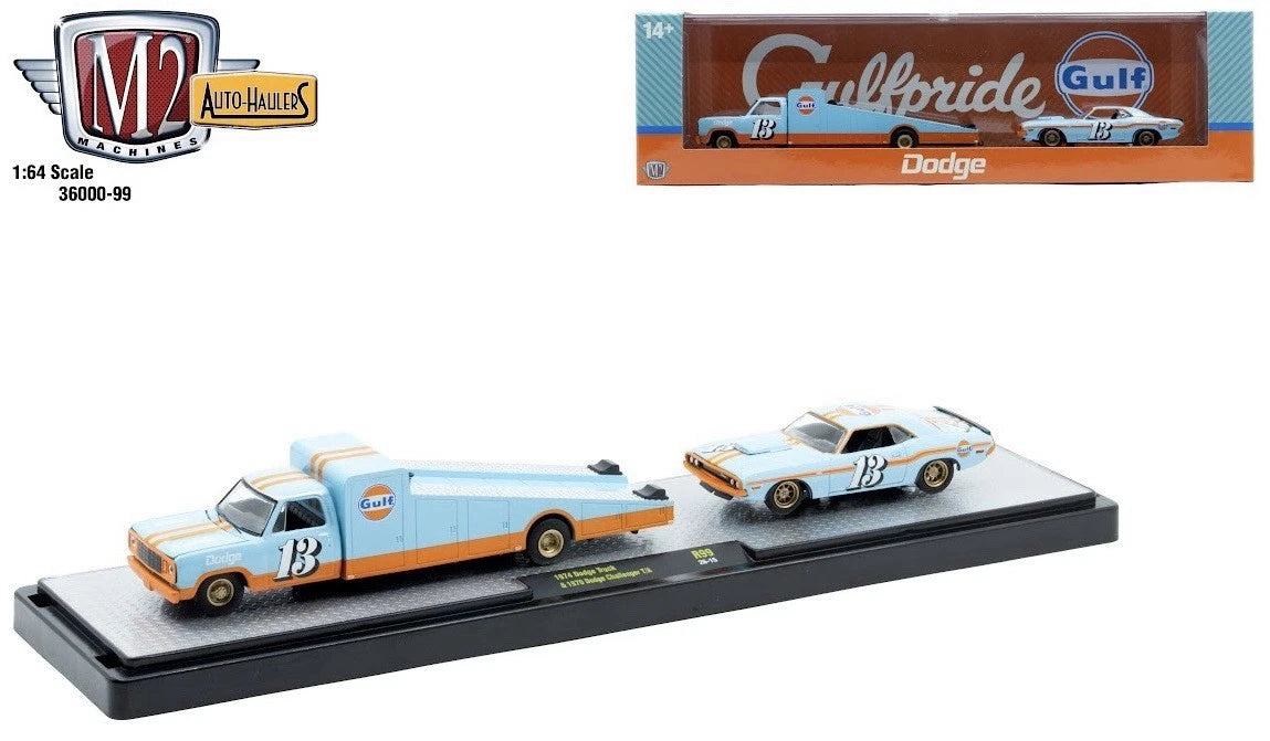 M2 MACHINES 1974 DODGE RAMP TRUCK GULF & ‘70 DODGE CHALLENGER TA R99 HAULER