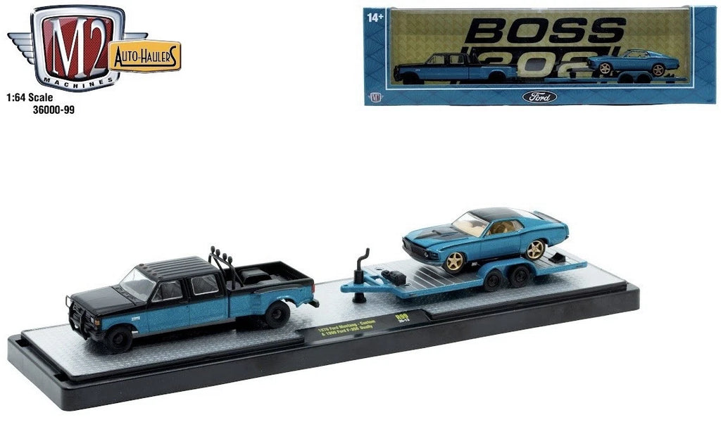 M2 MACHINES 1990 FORD F350 OBS DUALLY & ‘70 FORD MUSTANG BOSS CUSTOM R99 HAULER