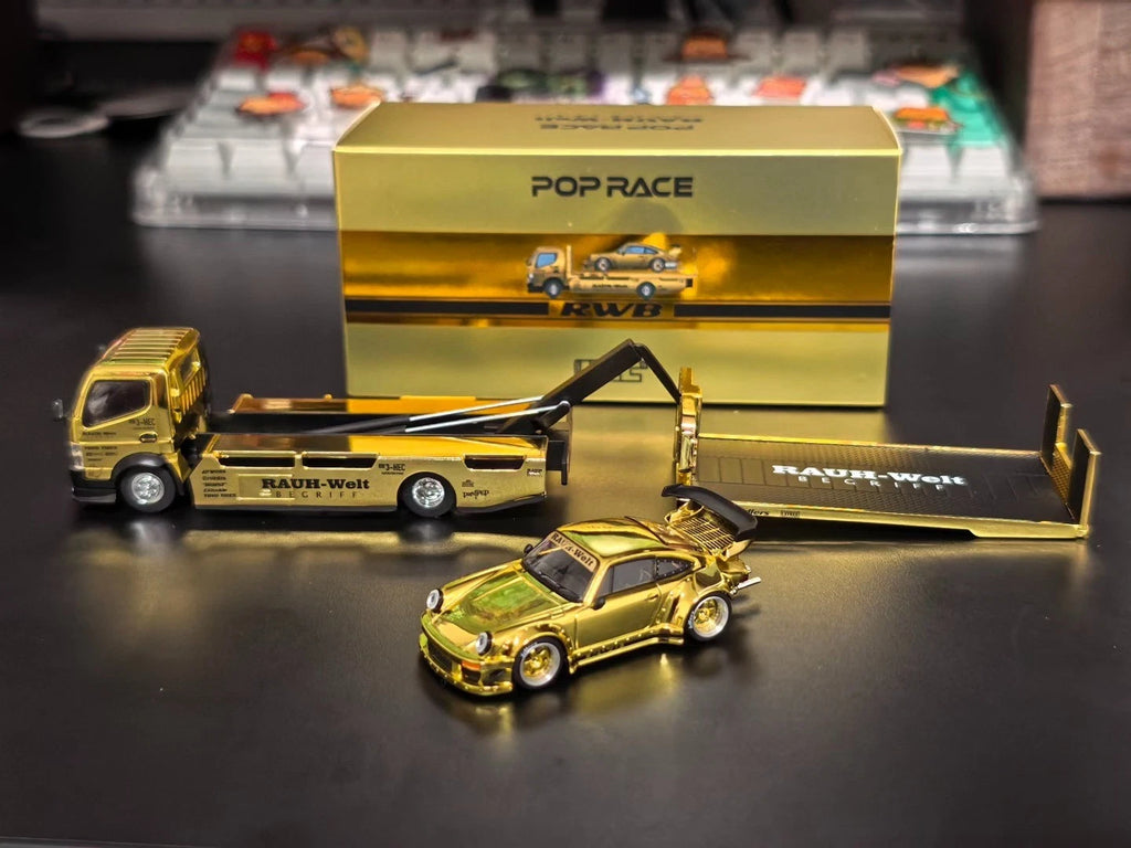 POPRACE XCARTOYS HEC Beijing 1/64 RWB 930 Gold Set Ltd 300 Truck Transporter