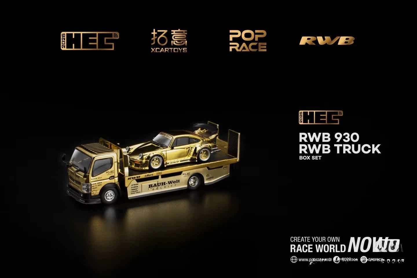 POPRACE XCARTOYS HEC Beijing 1/64 RWB 930 Gold Set Ltd 300 Truck Transporter