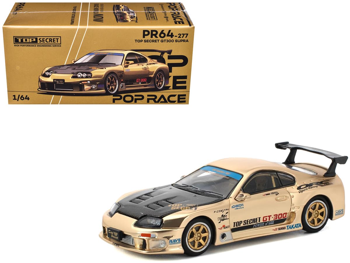 Toyota Supra "Top Secret" GT300 RHD (Right Hand Drive) Gold Metallic with Carbon Hood 1/64 Diecast Model Car by Pop Race - Midnight City Diecast L.C.